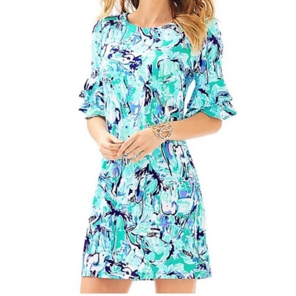Lilly Pulitzer Lula Dress Elephant Appeal Stretch Resort Ruffle Sleeve Medium